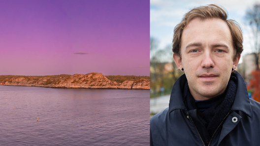 Kollage på en vacker solnedgång vid vatten och porträttfoto av Eric Luth.