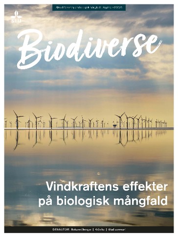 Omslag med vindkraftspark till havs med gulrosa himmel som speglar sig i vattnet. Biodiverse