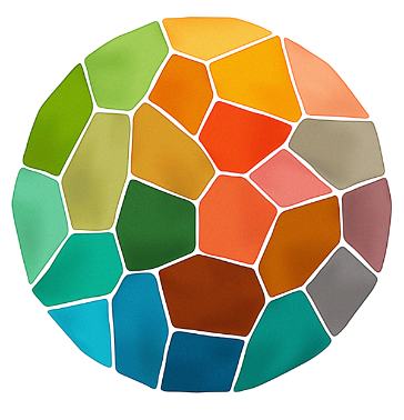 Cirkel med små fält i olika färgnyanser från grått, blått och grönt till brunt, rött, organge och gult.