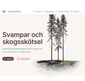 Skärmdump av webbsida med tre illustrerade tallar mot beige bakgrund och rubrik Svampar och skogsskötsel
