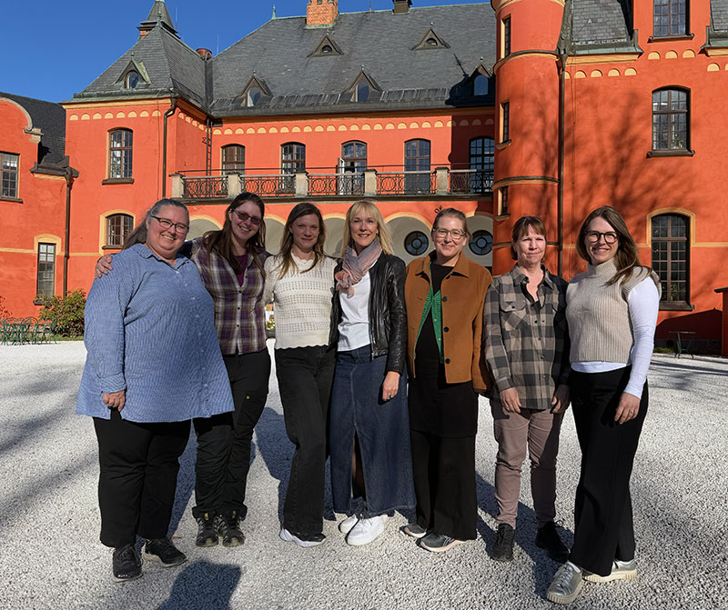 Seven women are standing in front of a mansion. Photo.